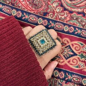 New | Pakistani Luxury Gold/Teal Polki Square Adjustable Ring